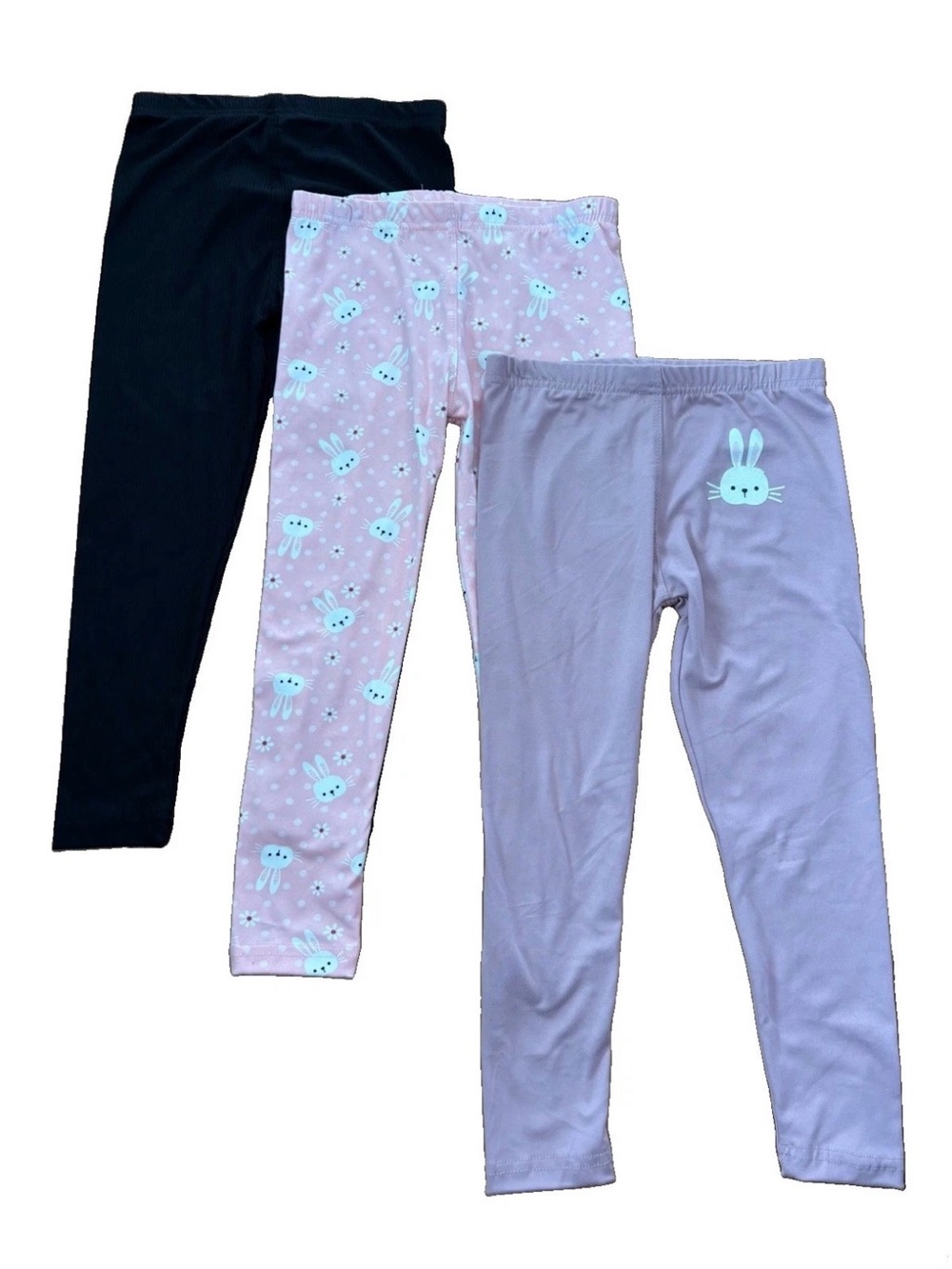 Shosho Girls 3-Pack Bunny Leggings - Black, Light Pink, Lavender - Size 4/5